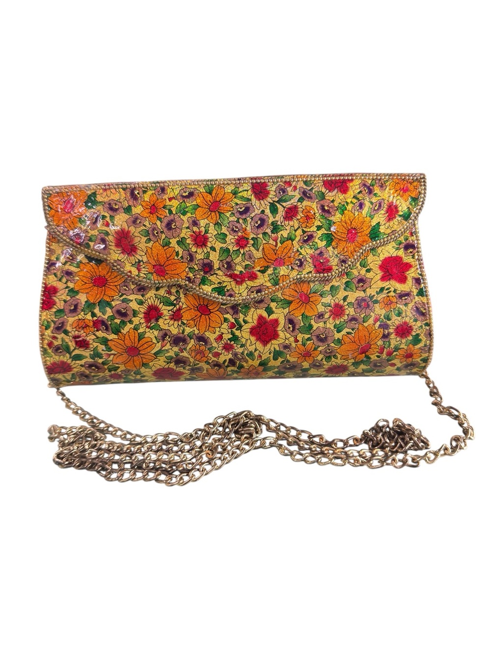 Vintage Antik Kraft Floral Decoupage Clutch Crossbody Chain Bag Boho Gold - Picture 2 of 11
